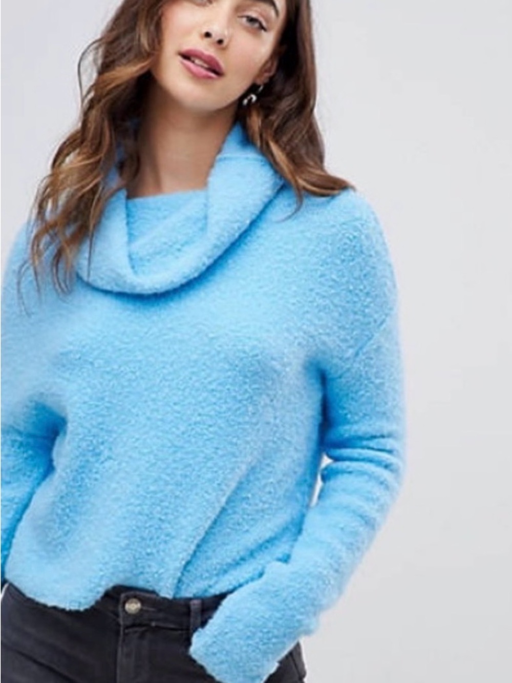 Free People Women’s Sweater Stormy Blue Cowl Neck Alpaca & Lambs Wool Blend Crop